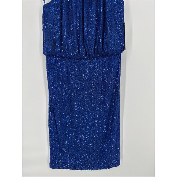 Eliza J Size 6 Blue Sequined Sleeveless Mock Neck Blouson Cocktail Midi Dress - Picture 5 of 10